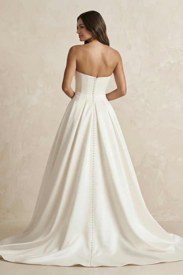 Satin Sweetheart A - Line Ruched Wedding Dress With Slit in Ivory - KISS BRIDAL Wedding Dresses