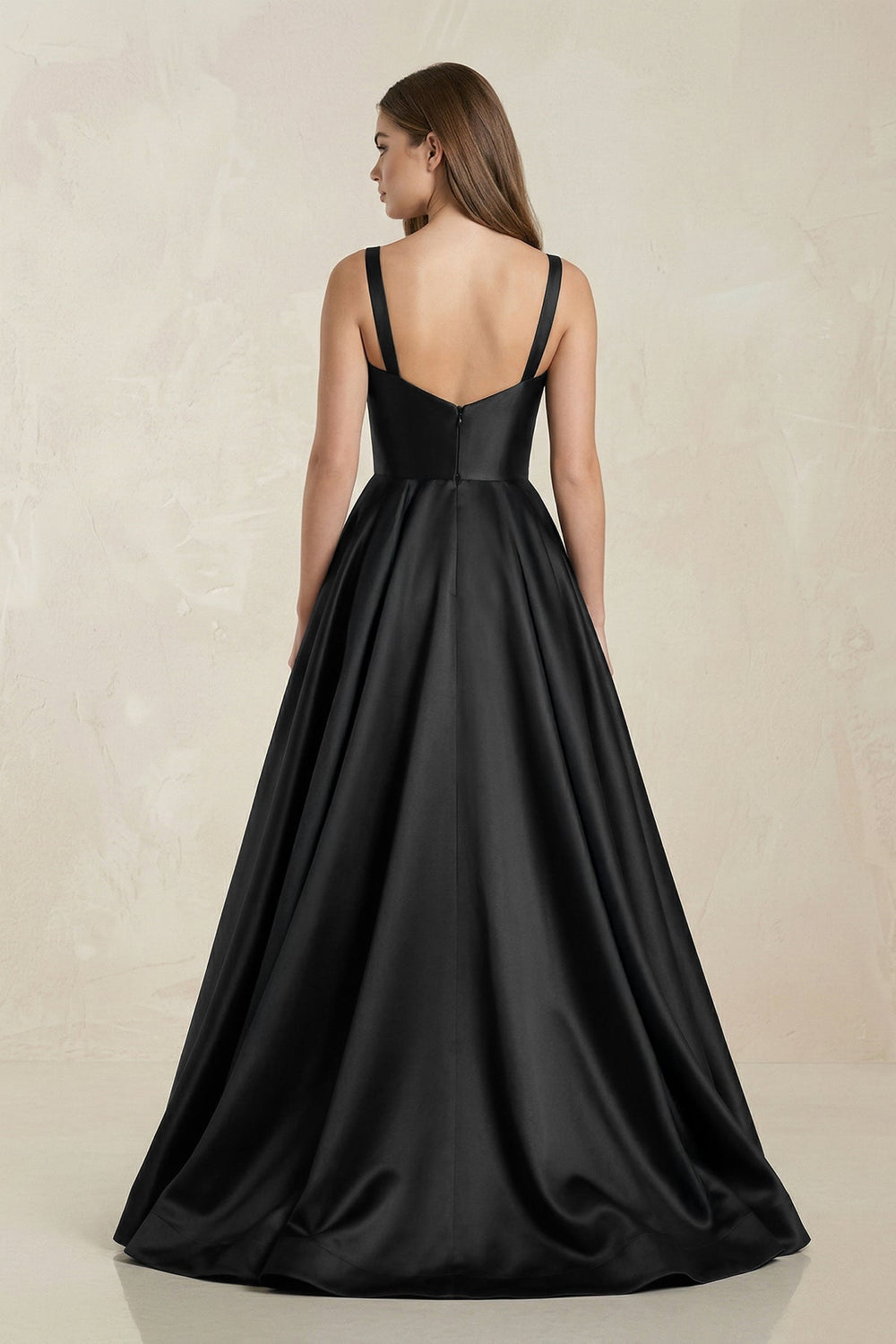 Scoop Neck Satin Maxi Wedding Dress in Black