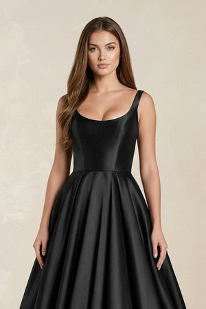 Scoop Neck A - Line Satin Maxi Wedding Dress in Black - KISS BRIDAL Wedding Dresses