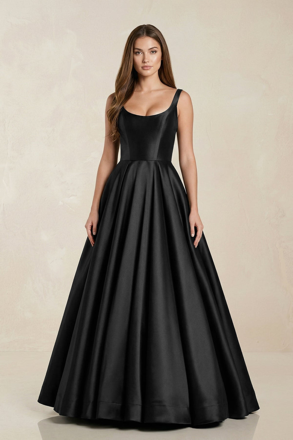 Scoop Neck Satin Maxi Wedding Dress in Black