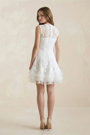 Scoop Neck Lace A - Line Mini Wedding Dress in White - KISS BRIDAL Wedding Dresses