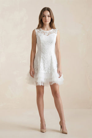 Scoop Neck Lace A - Line Mini Wedding Dress in White - KISS BRIDAL Wedding Dresses
