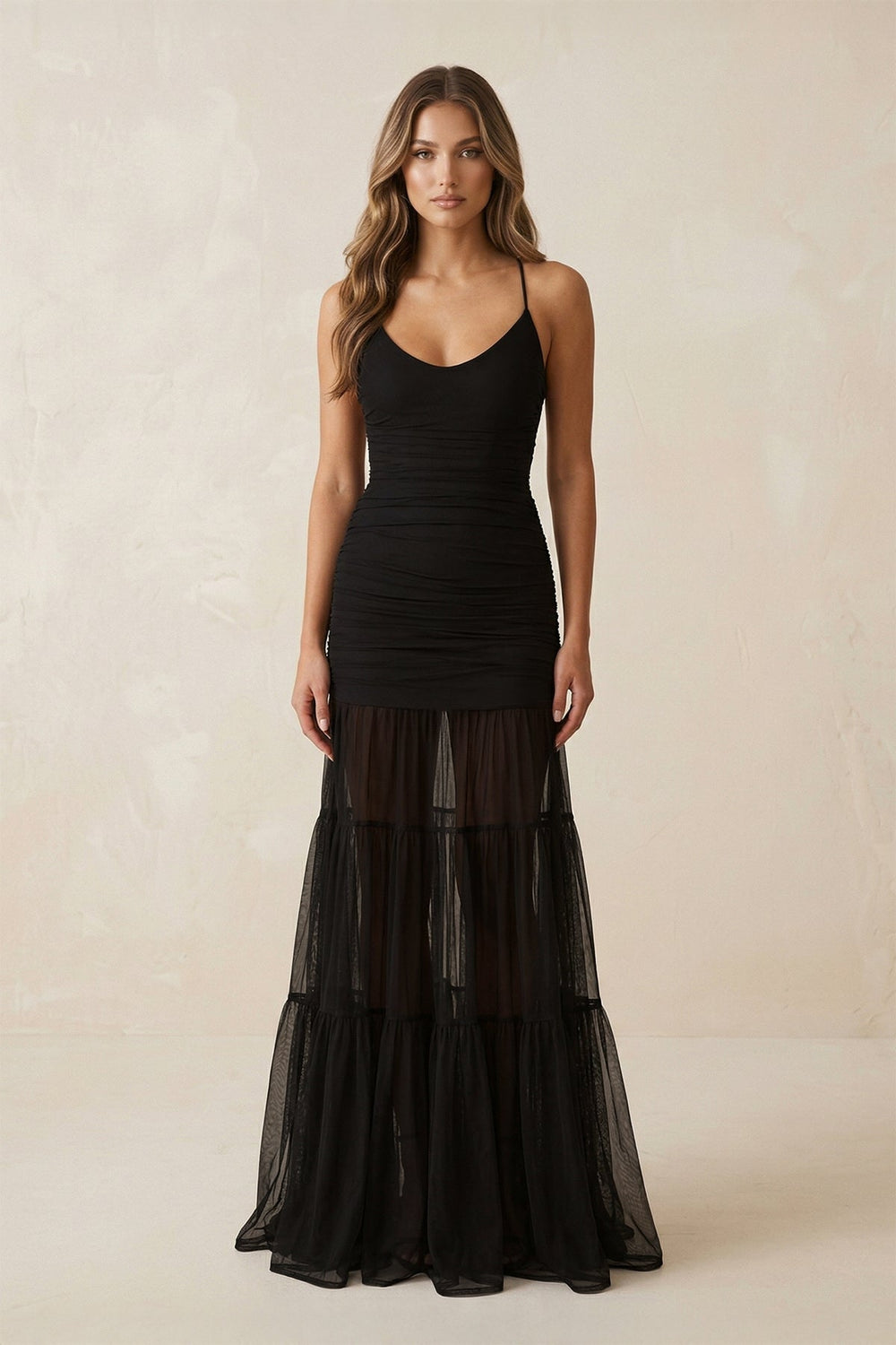 Scoop Neck A-Line Tulle Ruched Lace-up Wedding Dress in Black