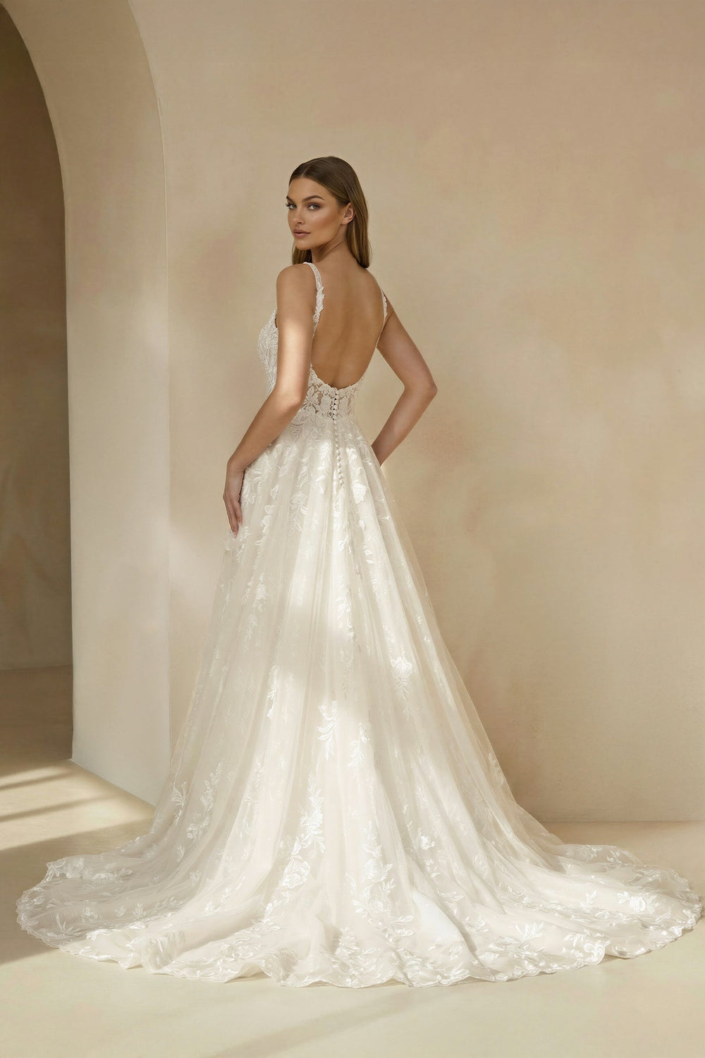 Spaghetti Straps Open Back Lace Wedding Dress in Ivory