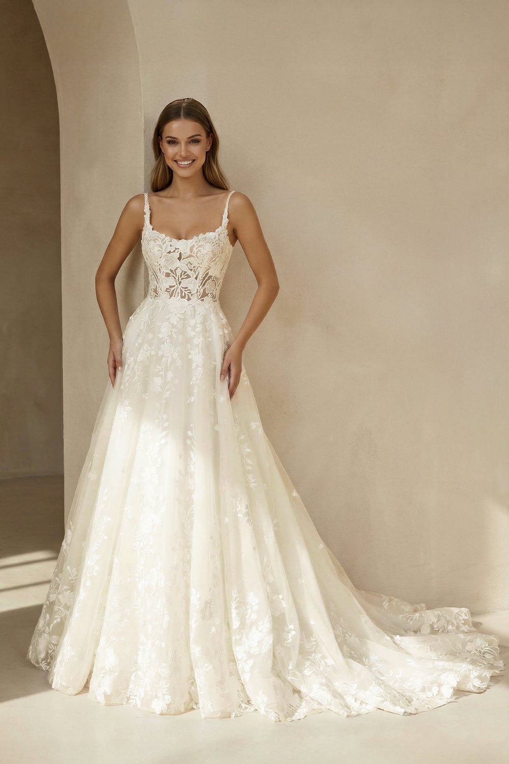 Spaghetti Straps Open Back Lace Wedding Dress in Ivory