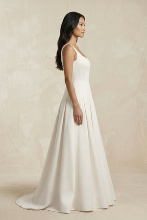 Scoop Neck Satin A - Line Pleated Wedding Dress in Ivory - KISS BRIDAL Wedding Dresses