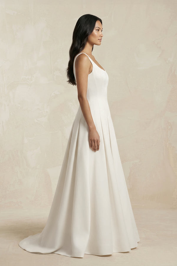 Scoop Neck Satin A - Line Pleated Wedding Dress in Ivory - KISS BRIDAL Wedding Dresses