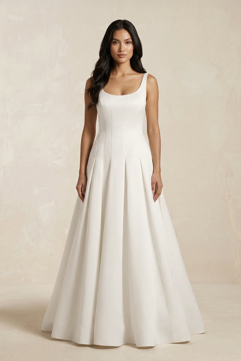Scoop Neck Satin A-Line Pleated Wedding Dress in Ivory
