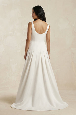 Scoop Neck Satin A - Line Pleated Wedding Dress in Ivory - KISS BRIDAL Wedding Dresses