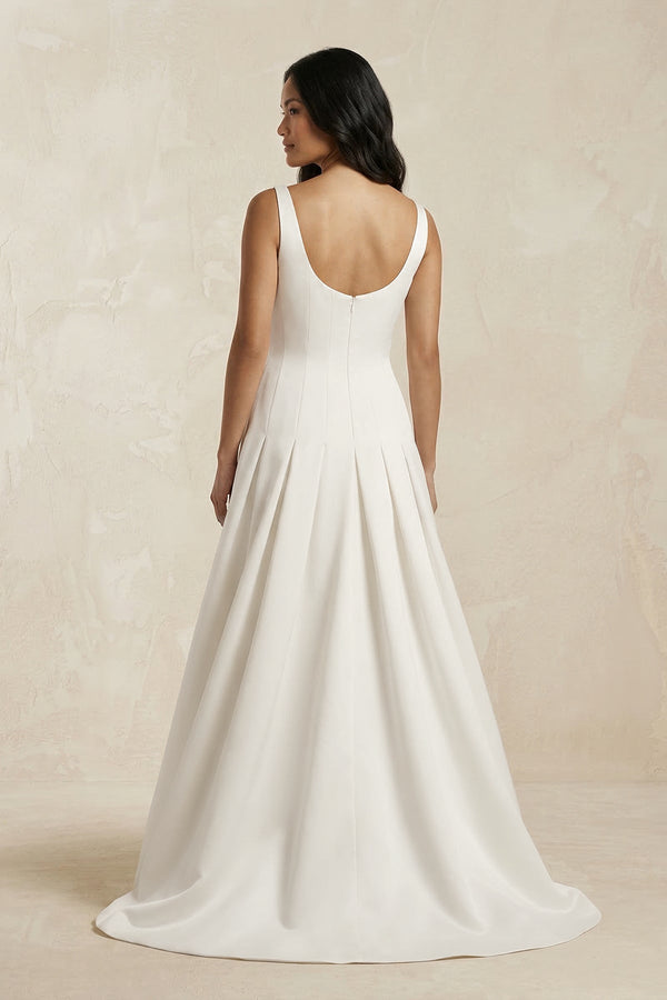 Scoop Neck Satin A - Line Pleated Wedding Dress in Ivory - KISS BRIDAL Wedding Dresses
