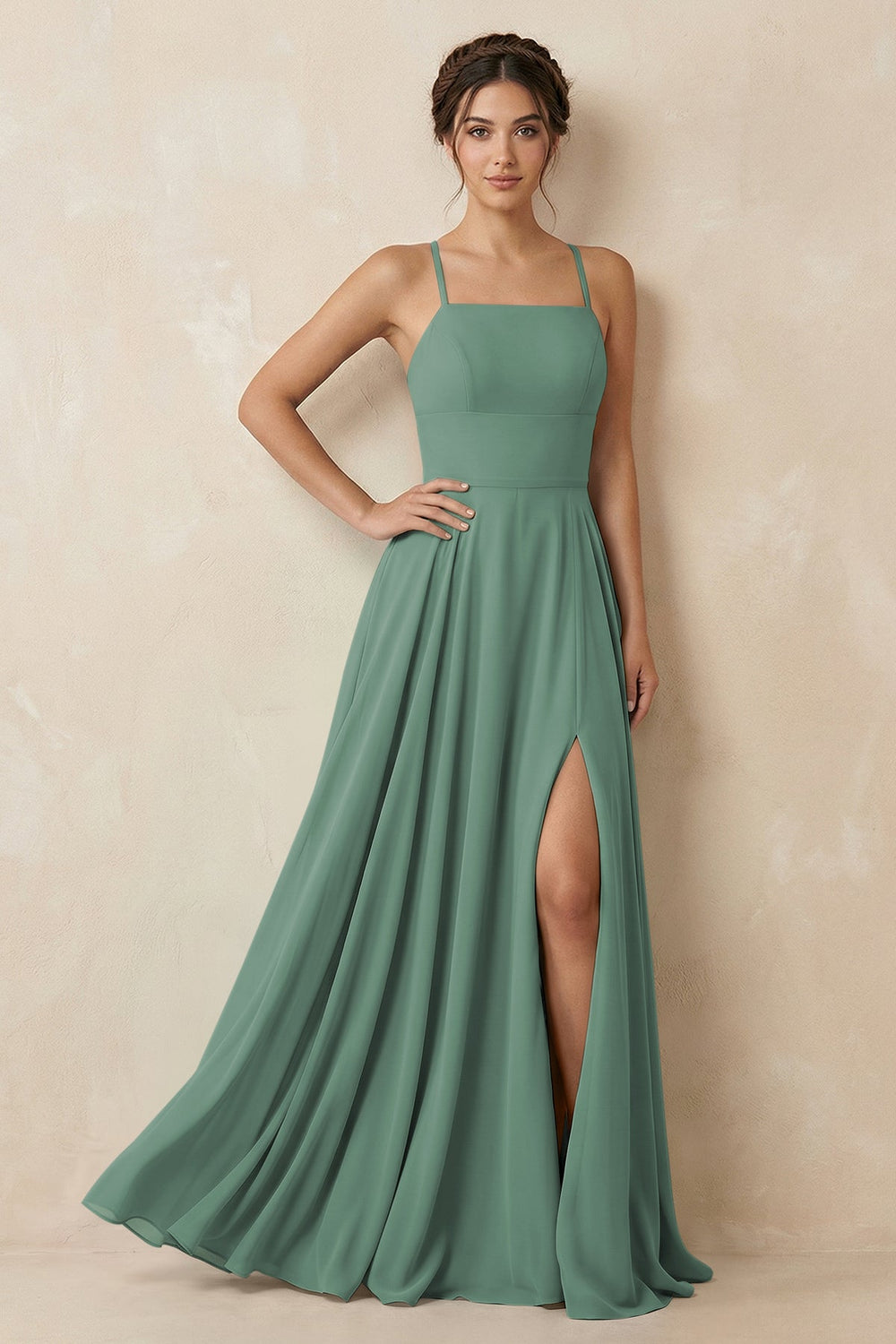 A-Line Chiffon Bridesmaid Dress With Slit in Sea Glass