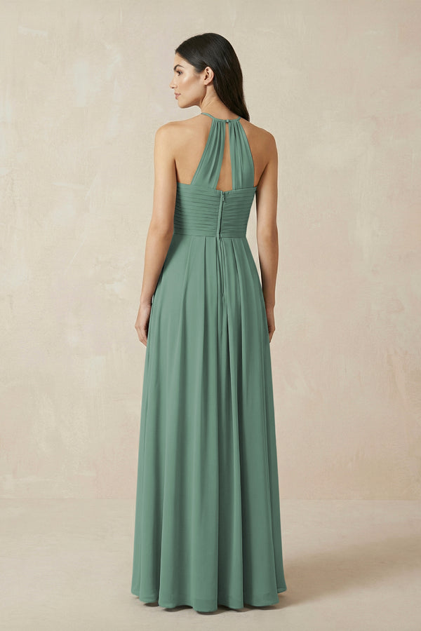 Sea Glass A-Line Halter Neck Pleated Chiffon Bridesmaid Dress (2) | KISSBRIDAL