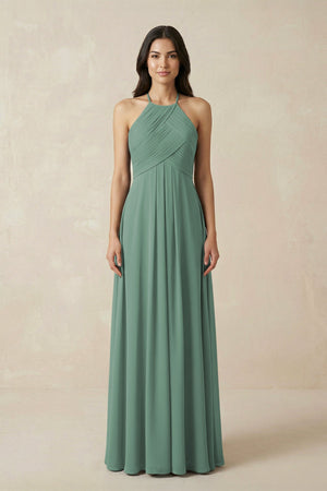 Sea Glass A-Line Halter Neck Pleated Chiffon Bridesmaid Dress | KISSBRIDAL