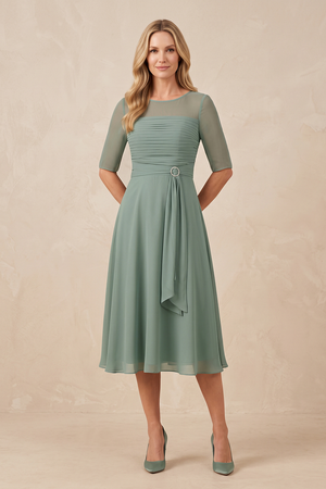 Sea Glass Illusion Neck A-Line Chiffon Pleated Mother of the Bride Dress with Sleeves | KISSBRIDAL