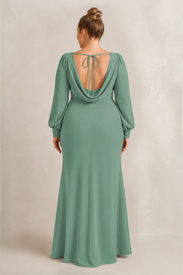 Sea Glass Long Sleeve V-Neck Sheath Chiffon Bridesmaid Dress (2) [sizeplus] | KISSBRIDAL