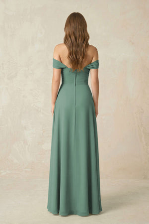 Sea Glass Off-the-Shoulder A-Line Chiffon Pleated Bridesmaid Dress (2) | KISSBRIDAL