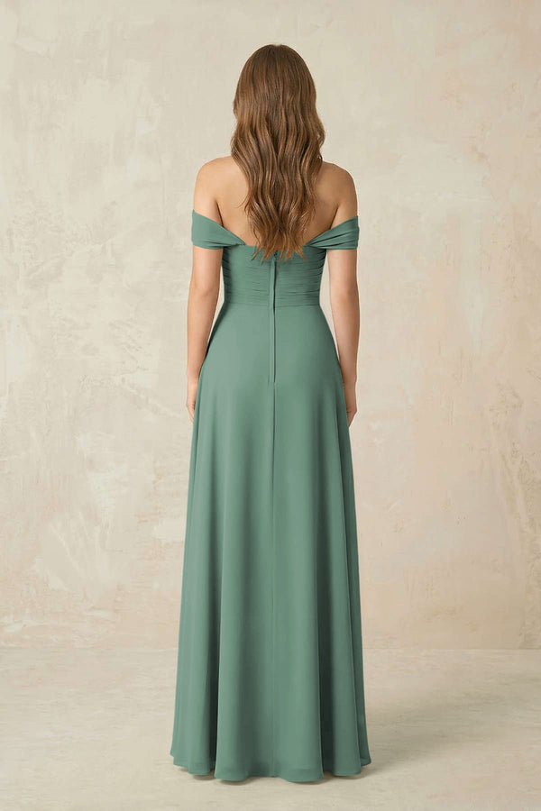 Sea Glass Off-the-Shoulder A-Line Chiffon Pleated Bridesmaid Dress (2) | KISSBRIDAL