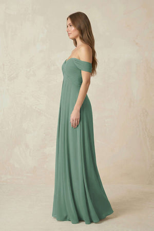Sea Glass Off-the-Shoulder A-Line Chiffon Pleated Bridesmaid Dress (3) | KISSBRIDAL