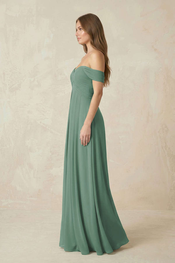 Sea Glass Off-the-Shoulder A-Line Chiffon Pleated Bridesmaid Dress (3) | KISSBRIDAL