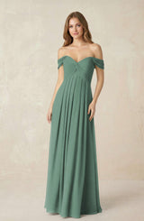 Sea Glass Off-the-Shoulder A-Line Chiffon Pleated Bridesmaid Dress | KISSBRIDAL