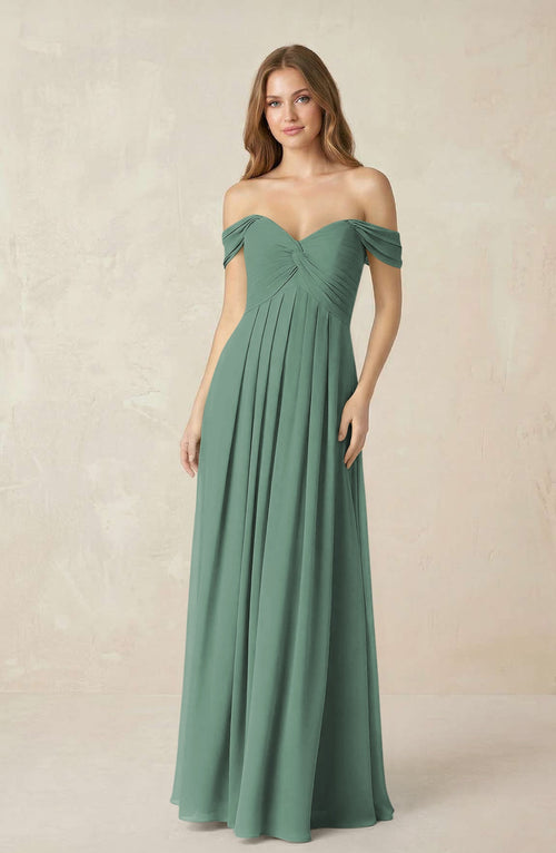 Sea Glass Off-the-Shoulder A-Line Chiffon Pleated Bridesmaid Dress | KISSBRIDAL