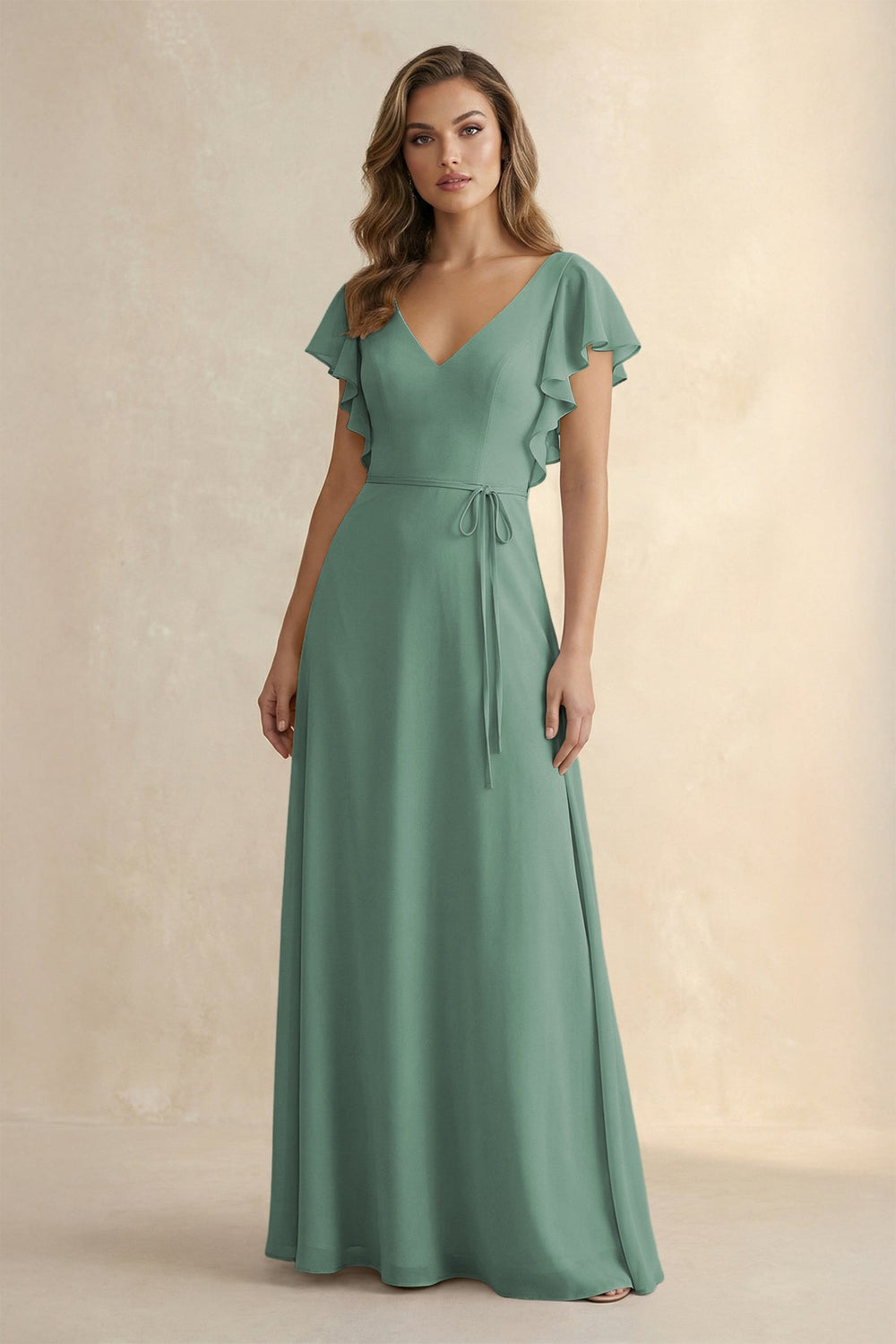 Ruffled V-Neck Chiffon A-Line Bridesmaid Dress in Sea Glass