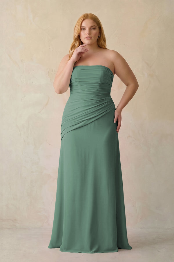 Sea Glass Sheath Chiffon Strapless Pleated Bridesmaid Dress [sizeplus] | KISSBRIDAL