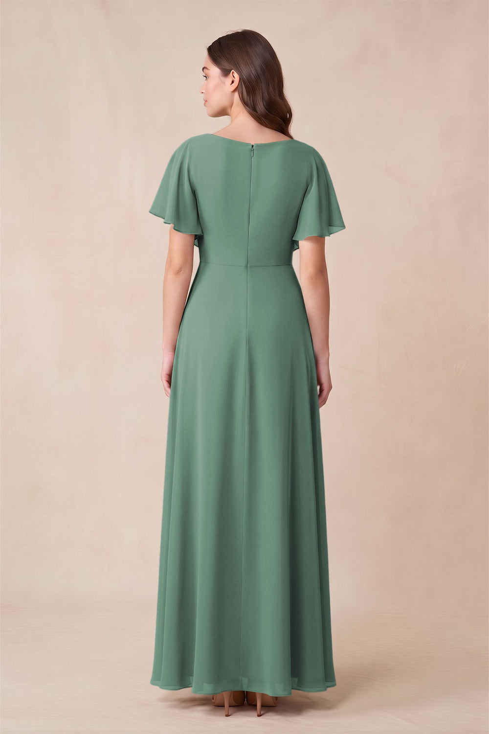 Short Sleeves Bateau A-Line Chiffon Bridesmaid Dress in Sea Glass