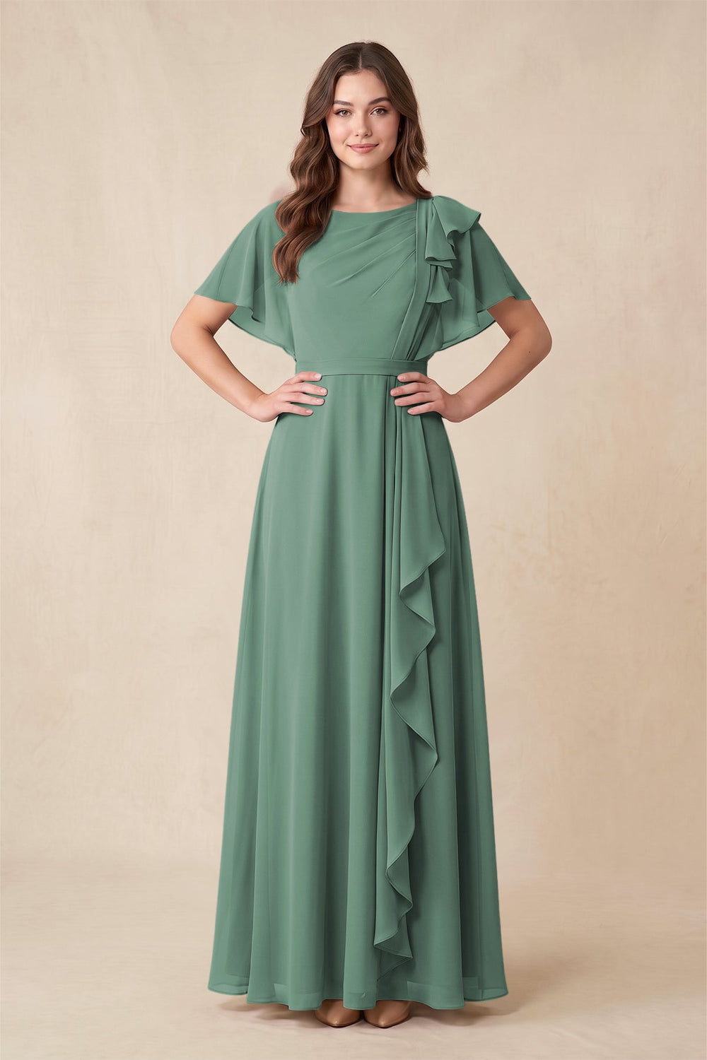 Short Sleeves Bateau A-Line Chiffon Bridesmaid Dress in Sea Glass