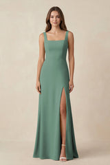 Sea Glass Square Neck A-Line Bridesmaid Dress With Slit | KISSBRIDAL