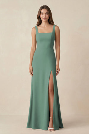 Sea Glass Square Neck A-Line Bridesmaid Dress With Slit | KISSBRIDAL