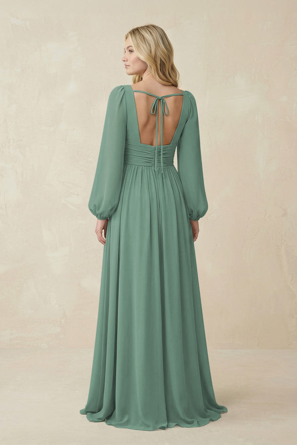 Sea Glass V-Neck Long Sleeve A-Line Chiffon Bridesmaid Dress (2) | KISSBRIDAL
