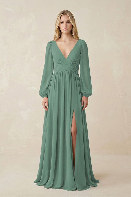 Sea Glass V-Neck Long Sleeve A-Line Chiffon Bridesmaid Dress | KISSBRIDAL