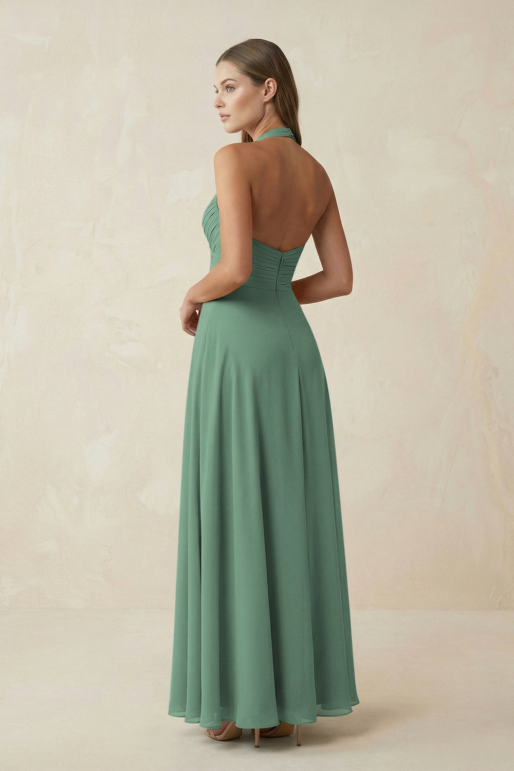 V-Neck Pleated A-Line Chiffon Bridesmaid Dress in Sea Glass