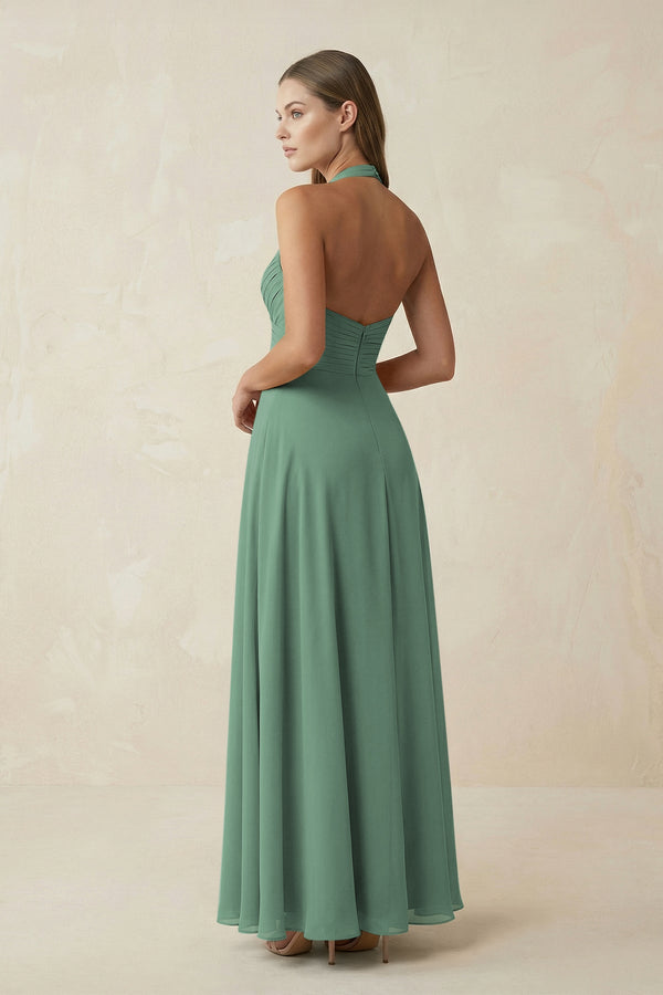 Sea Glass V-Neck Pleated A-Line Chiffon Bridesmaid Dress (2) | KISSBRIDAL