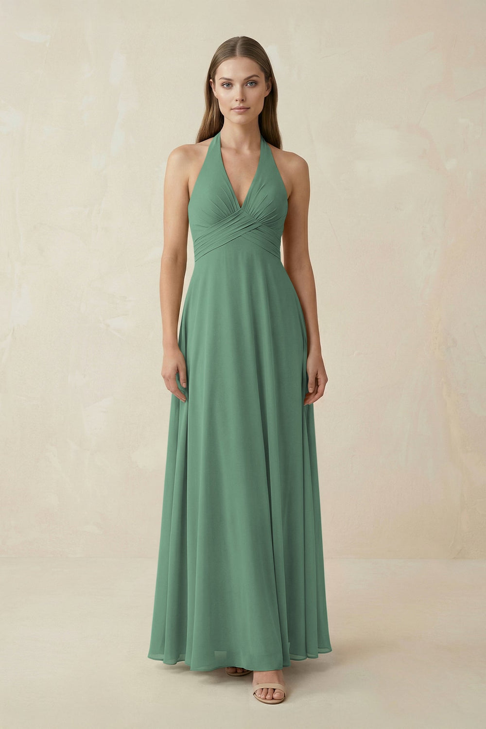 V-Neck Pleated A-Line Chiffon Bridesmaid Dress in Sea Glass