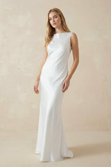 Sheath Bateau Neck Backless Silk Satin Wedding Dress - KISS BRIDAL Wedding Dresses
