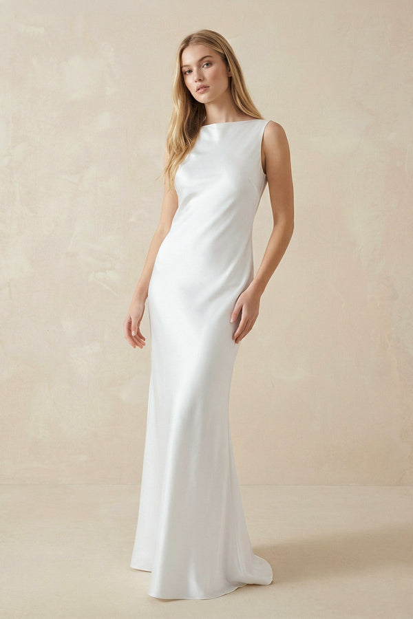 Sheath Bateau Neck Backless Silk Satin Wedding Dress - KISS BRIDAL Wedding Dresses