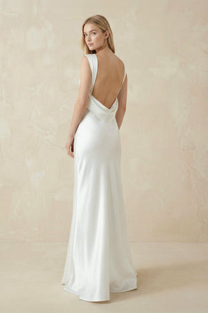 Sheath Bateau Neck Backless Silk Satin Wedding Dress - KISS BRIDAL Wedding Dresses