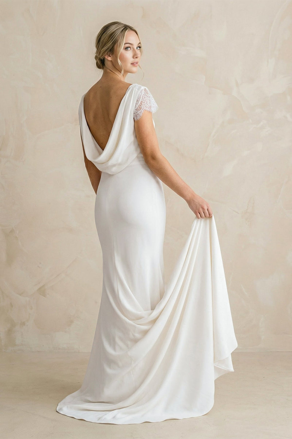 Bateau Neck Cap Sleeve Ivory Satin Mermaid Wedding Dress