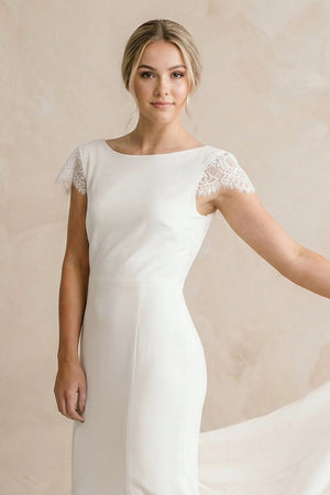 Sheath Bateau Neck Cap Sleeve Ivory Satin Wedding Dress - KISS BRIDAL Wedding Dresses