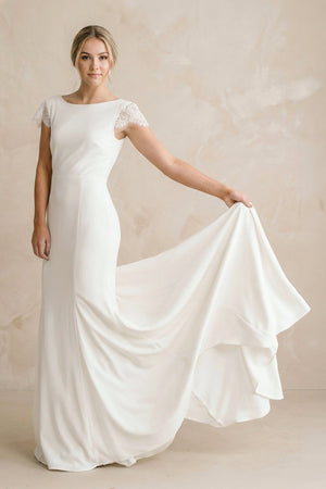Sheath Bateau Neck Cap Sleeve Ivory Satin Wedding Dress - KISS BRIDAL Wedding Dresses