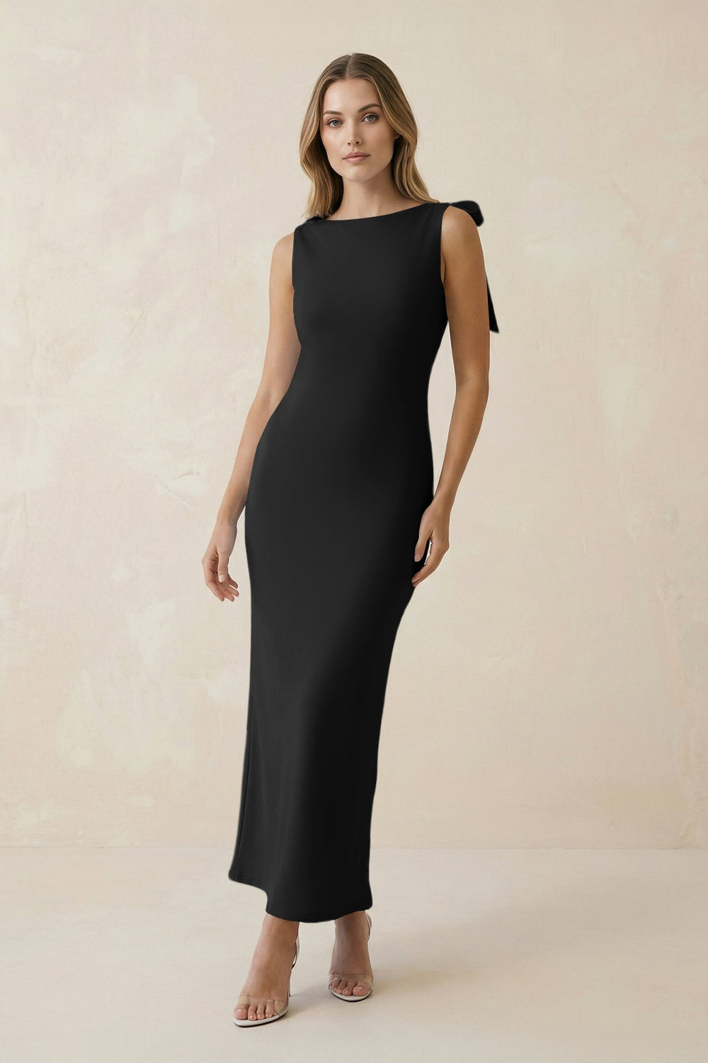 Bateau Neck Sheath Satin Midi Bridesmaid Dress With Bow in Black
