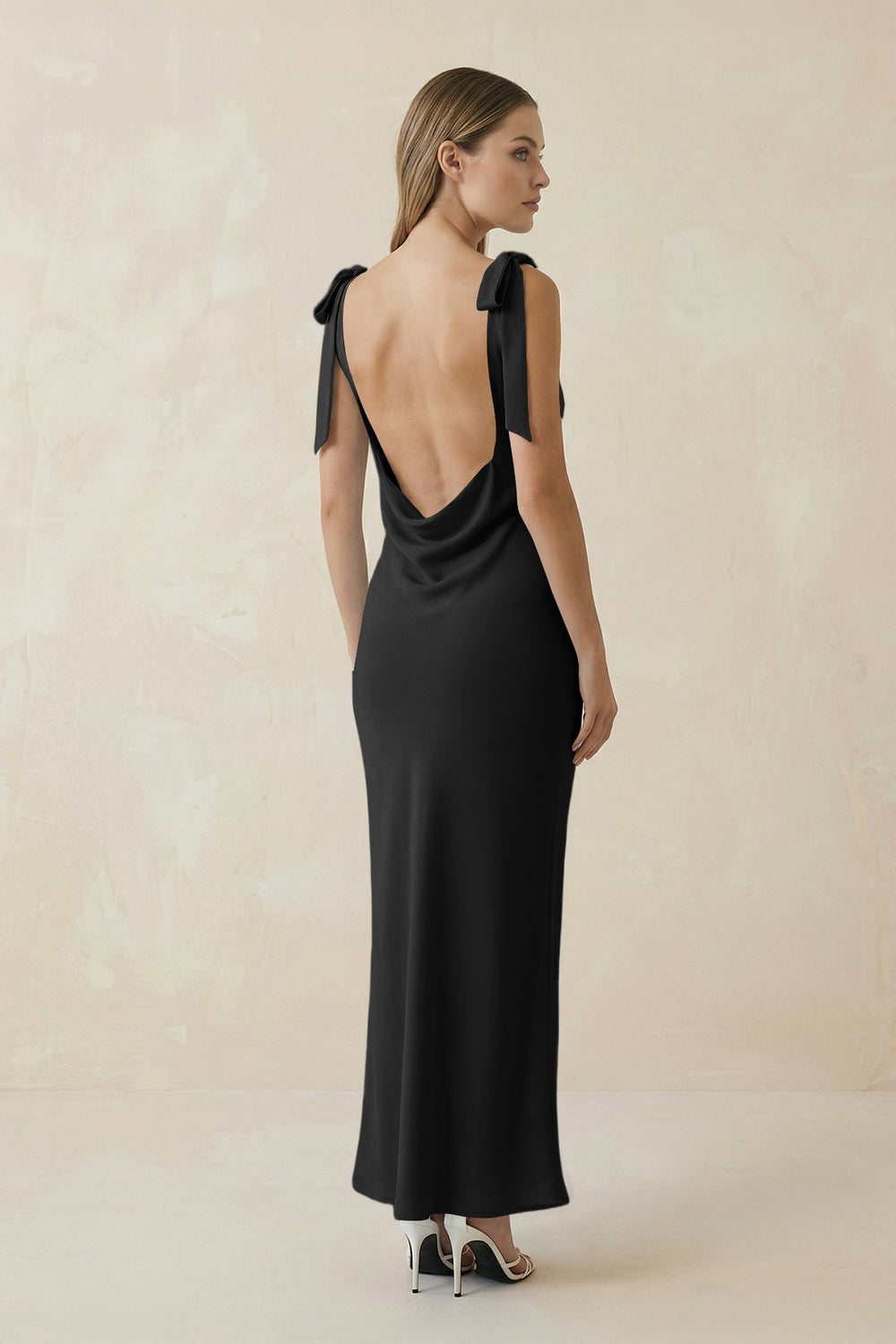 Bateau Neck Sheath Satin Midi Bridesmaid Dress With Bow in Black