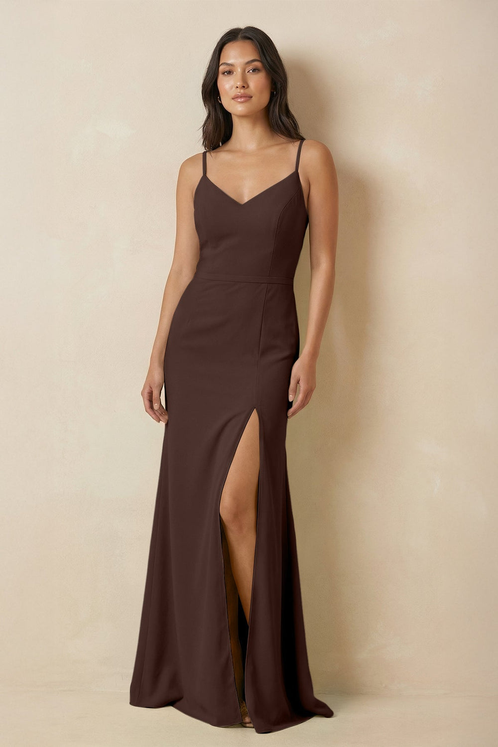Sheath Cami Strap Chiffon Bridesmaid Dress with Slit in Espresso