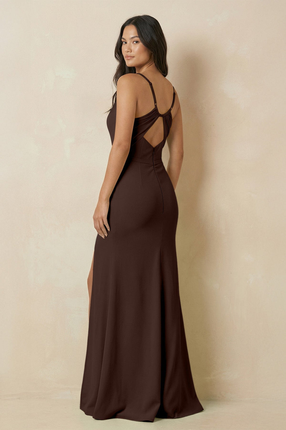 Sheath Cami Strap Chiffon Bridesmaid Dress with Slit in Espresso