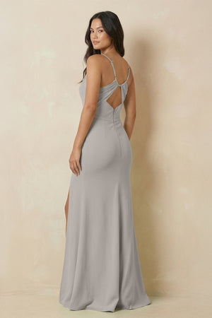 Sheath Cami Strap Chiffon Bridesmaid Dress with Slit in Silver - KISS BRIDAL Bridesmaid Dresses