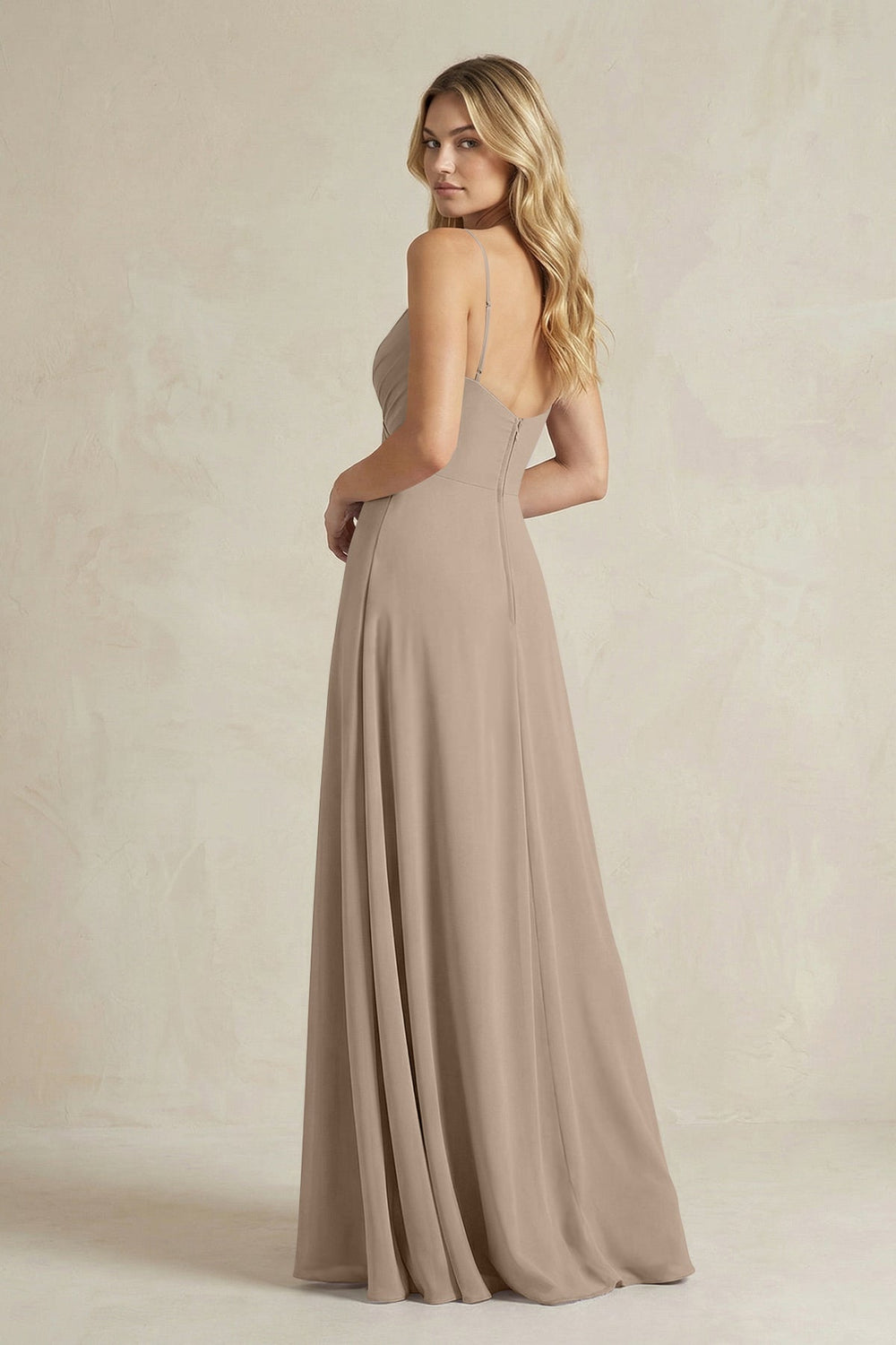 Sheath Cami Strap Ruched Chiffon Bridesmaid Dress in Almond