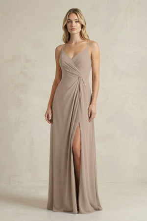 Sheath Cami Strap Ruched Chiffon Bridesmaid Dress in Almond | KISSBRIDAL