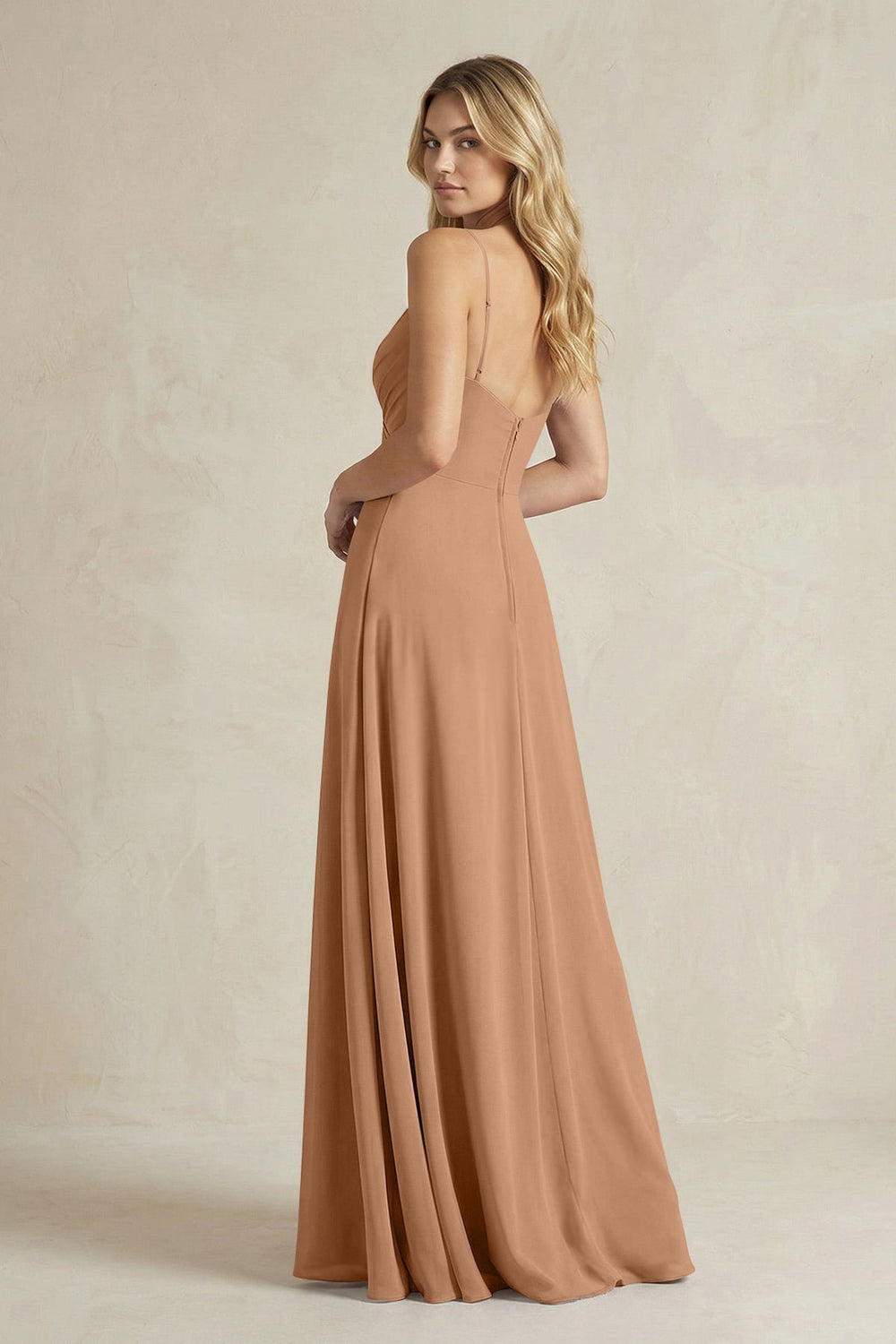 Sheath Cami Strap Ruched Chiffon Bridesmaid Dress in Bronzer